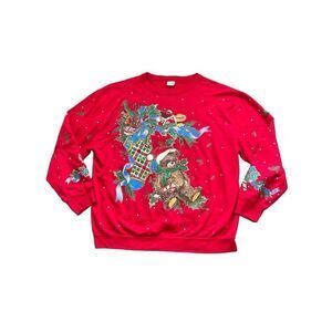 Vintage 90s red Christmas teddy bear Christmas tree sweatshirt